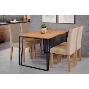 Conjunto: Mesa Sala Jantar Lisa Tampo Madeirado c/ Vidro 130x80cm e 4 Cadeiras Nicole Savana-Nature/Suede Nude Bege - Cimol