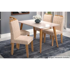 Conjunto: Mesa Sala Jantar Adele Madeira Maciça Tampo Madeirado c/ Vidro 130x80cm e 4 Cadeiras Paola Savana-Madeirado/Suede Nude Bege - Cimol