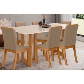 Conjunto: Mesa Sala Jantar Yara SC79 Tampo Madeirado c/ Vidro Canto Curvo 160x90cm e 6 Cadeiras Isa Nature/Suede Light Bege - Henn