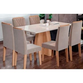 Conjunto: Mesa Sala Jantar Maitê Tampo Madeirado c/ Vidro Canto Curvo 160X80cm e 6 Cadeiras Nicole Nature/Suede Nude Bege - Cimol