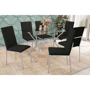 Conjunto: Mesa Sala Jantar Loire c/ Tampo de Vidro 120x80cm e 6 Cadeiras Amsterdã Cromada - Preto - Kappesberg