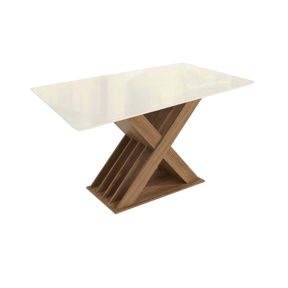 Mesa p/ Cozinha Graviola c/ Tampo Madeirado c/ Vidro 90x160cm Nogueira/Off White/Vidro Off White - Kappesberg