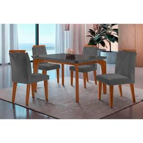 Conjunto: Mesa Sala Jantar Londrina c/ Tampo Madeirado c/ Vidro Canto Curvo 120x80cm e 4 cadeiras Amsterdã Imbuia/Grafite - Suede Grafite - Rufato