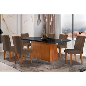 Conjunto: Mesa Sala Jantar Luna c/ Tampo de Vidro Canto Curvo 180x90cm e 6 cadeiras Jade Imbuia/Grafite - Suede Marrom - Rufato