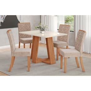 Conjunto: Mesa Sala Jantar Lins c/ Tampo Reto Madeirado c/ Vidro 120x80cm e 4 Cadeiras Esther Nature/Linho Creme - Henn