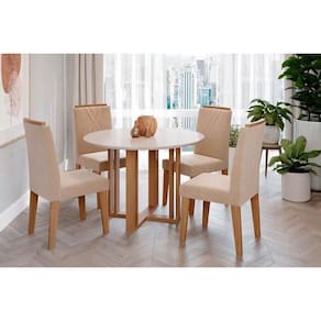 Conjunto: Mesa Sala Jantar Flora c/ Tampo Madeirado 109cm e 4 Cadeiras Nicole Cinamomo/Off White - Savana/Nature-Suede Nude - Cimol