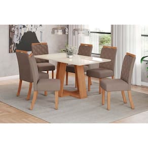 Conjunto: Mesa Sala Jantar Lins c/ Tampo Madeirado c/ Vidro 160x90cm e 6 Cadeiras Bella Nature/Suede Light Marrom Amendoa - Henn