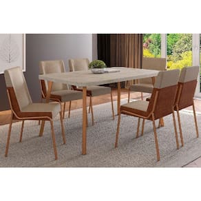 Conjunto: Mesa Sala Jantar Stellar 1597 Aço c/ Tampo Madeirado 160x90cm e 6 Cadeiras Hug Rose/Petra - Rose/Areia - Caramelo - Carraro
