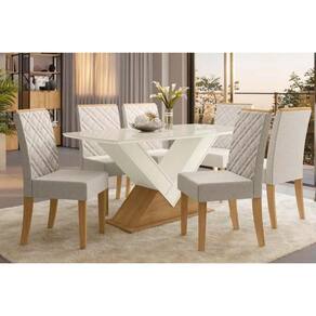 Conjunto: Mesa de Cozinha Amora Tampo Madeirado c/ Vidro 90x170cm e 6 Cadeiras 2CAD149 Freijo/Off White/Vidro Off White - Linho Caqui - Kappesberg