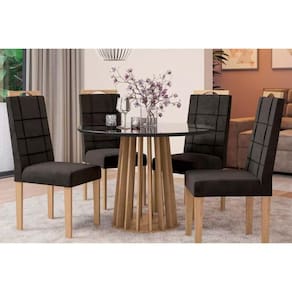 Conjunto: Mesa de Cozinha Lavanda Tampo Madeirado c/ Vidro 105x105cm e 4 Cadeiras 2CAD150 Nogueira/Preto fosco/Vidro preto - Eucalipto/V - Kappesberg