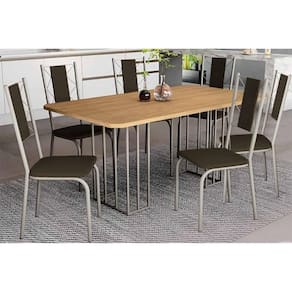 Sala de Jantar Completa Duina c/ Tampo de Madeira 160cm e 6 Cadeiras Lisboa Niquel/Freijo - Courano Marrom - Kappesberg