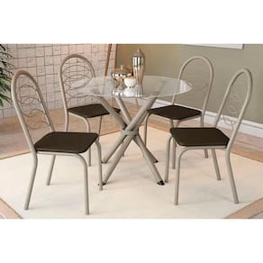 Conjunto: Mesa Sala Jantar Volga c/ Tampo de Vidro 95cm e 4 Cadeiras Holanda Niquel - Marrom - Kappesberg