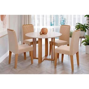 Conjunto: Mesa Sala Jantar Flora c/ Tampo Madeirado c/ Vidro 109cm e 4 Cadeiras Nicole Cinamomo/Off White - Savana/Nature-Suede Nude - Cimol