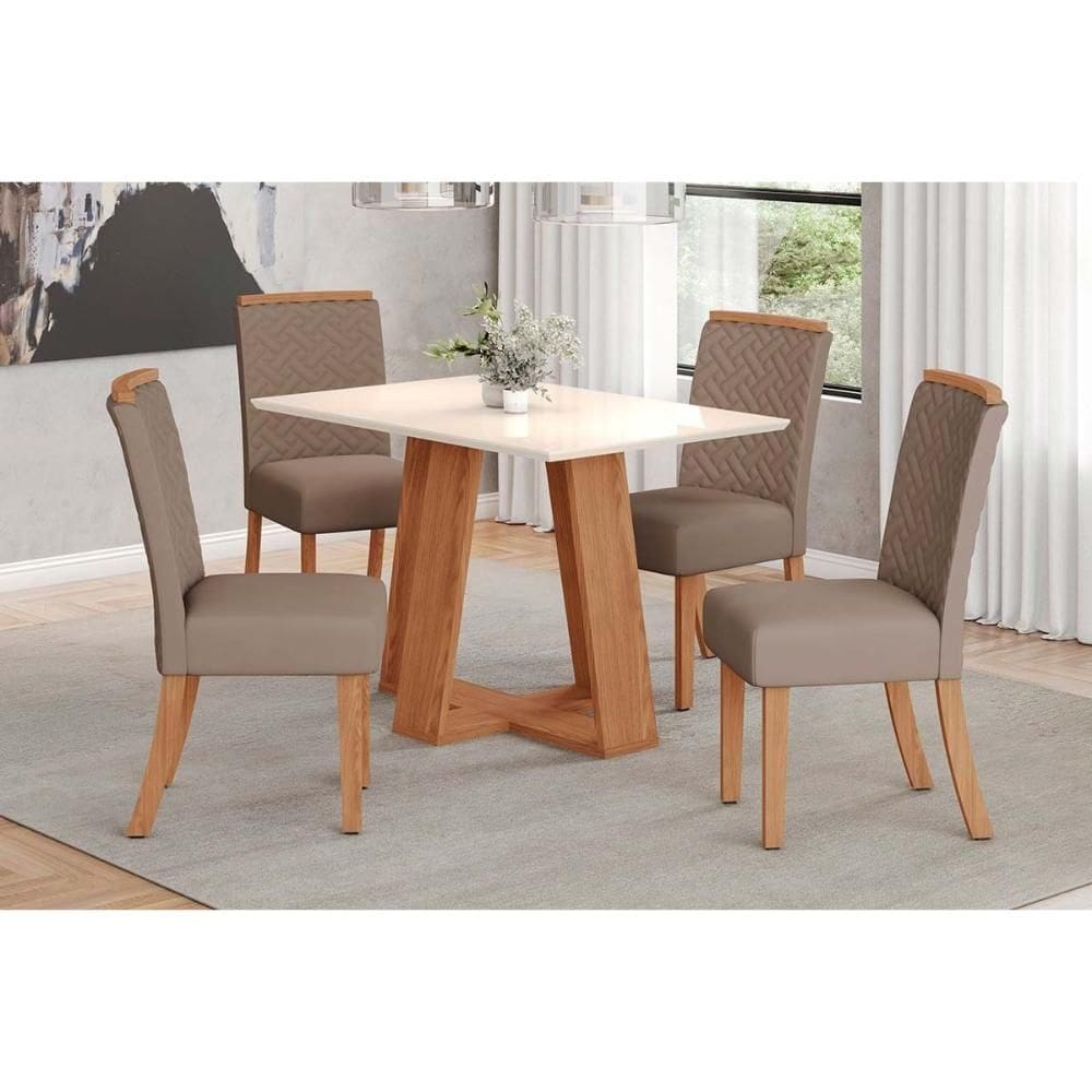 Conjunto: Mesa Sala Jantar Lins c/ Tampo Reto Madeirado 120x80cm e 4 Cadeiras Malu Nature/Suede Light Marrom Amendoa - Henn
