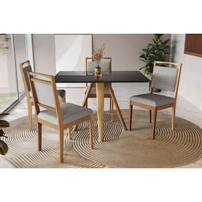 Conjunto: Mesa Sala Jantar Duna Tampo Madeirado c/ Vidro 80x120cm e 4 Cadeiras Lina Carvalho/Preto fosco/Vidro preto - Linho Cinza - Kappesberg