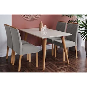 Conjunto: Mesa Sala Jantar Adele Madeira Maciça c/ Tampo Madeirado c/ Vidro 130x80cm e 4 Cadeiras Fernanda Madeira/Off White - Linho Grafite - Cimol