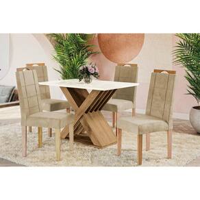 Conjunto: Mesa Sala Jantar Graviola Tampo Madeirado c/ Vidro 80x120cm e 4 Cadeiras 2CAD150 Nogueira/Off White/Vidro Off White - Eucalipto - Kappesberg