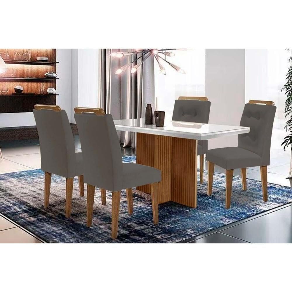 Conjunto: Mesa Sala Jantar Berlim c/ Tampo Madeirado c/ Vidro Canto Curvo 120x80cm e 4 Cadeiras Imperatriz Imbuia/Off White - Suede Grafite - Rufato