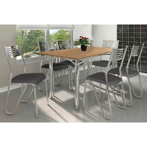 Conjunto: Mesa Sala Jantar Elba c/ Tampo de Madeira 160cm e 6 Cadeiras Nápoles Cromada/Nogueira - Courano Preto - Kappesberg