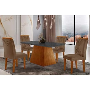 Conjunto: Mesa Sala Jantar Luna Tampo Madeirado c/ Vidro Canto Curvo 120x80 e 4 Cadeiras Amsterdã Imbuia/Suede Capuccino - Rufato