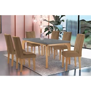 Conjunto: Mesa Sala Jantar Londrina c/ Tampo Madeirado c/ Vidro Canto Curvo 180x90cm e 6 cadeiras Amsterdã Imbuia/Grafite - Suede Capuccino - Rufato