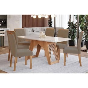 Conjunto: Mesa Sala Jantar Carol Tampo Madeirado c/ Vidro 180x90cm e 6 Cadeiras Fernanda Madeirado/Suede Joli Capuccino - Cimol