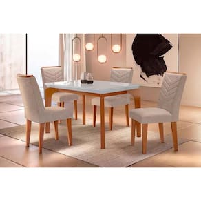 Conjunto: Mesa Sala Jantar Londrina Tampo Madeirado c/ Vidro Curvo 120x80cm e 4 Cadeiras Londrina Capuccino/Suede Creme - Rufato