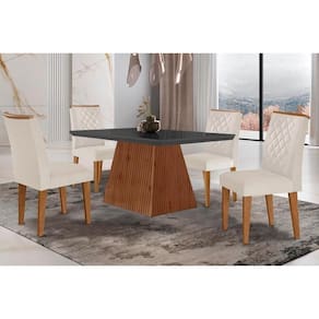 Conjunto: Mesa Sala Jantar Luna c/ Tampo Madeirado c/ Vidro Canto Curvo 120x80cm e 4 cadeiras Jade Imbuia/Grafite - Suede Creme - Rufato
