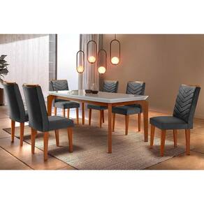 Conjunto: Mesa Sala Jantar Londrina Tampo Madeirado c/ Vidro Reto 180x90 e 6 Cadeiras Londrina Capuccino/Suede Grafite - Rufato