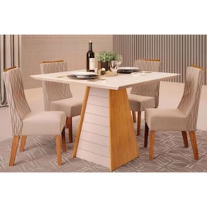 Conjunto: Mesa Sala Jantar Fler Tampo Madeirado c/ Vidro 90x90cm e 4 Cadeiras Jade Cedro/Off White - Suede Kraft - DJ Móveis