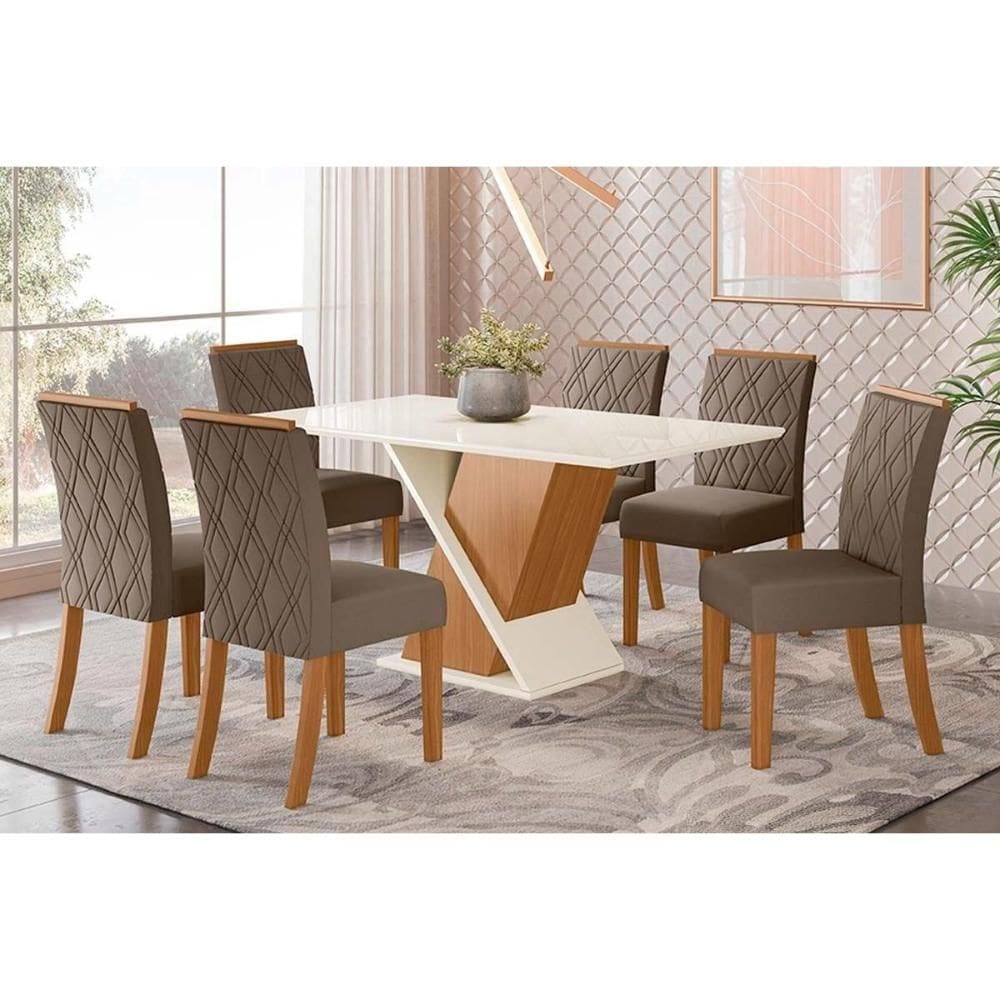 Conjunto: Mesa Sala Jantar Solus Tampo Madeirado c/ Vidro Canto Reto 160x90cm e 6 Cadeiras Vita Nature/Suede Light Bege - Henn
