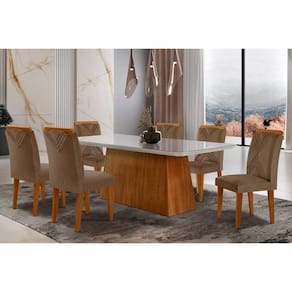 Conjunto: Mesa Sala Jantar Luna Tampo Madeirado c/ Vidro Canto Reto 180x90 e 6 Cadeiras Amsterdã Imbuia/Suede Capuccino - Rufato
