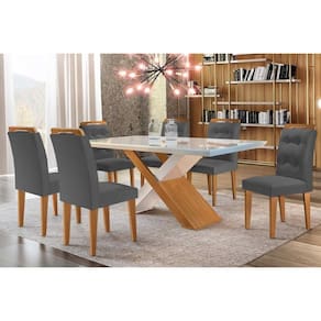 Conjunto: Mesa Sala Jantar Imperatriz Tampo Madeirado c/ Vidro Curvo 180x90 e 6 Cadeiras Imperatriz Imbuia/Off White - Suede Grafite - Rufato
