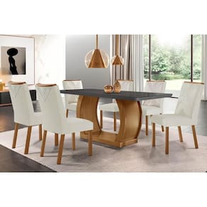 Conjunto: Mesa Sala Jantar Jade c/ Tampo Madeirado c/ Vidro Canto Curvo 180x90cm e 6 cadeiras Amsterdã Imbuia/Grafite - Suede Creme - Rufato