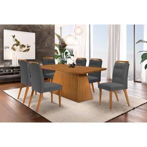 Conjunto: Mesa Sala Jantar Luna c/ Tampo Madeirado Canto Curvo 180x90cm e 6 cadeiras Imperatriz Capuccino/Suede Grafite - Rufato