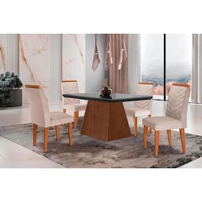 Conjunto: Mesa Sala Jantar Luna c/ Tampo Madeirado c/ Vidro Canto Curvo 120x80cm e 4 cadeiras Londrina Imbuia/Grafite - Suede Creme - Rufato