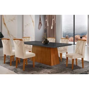 Conjunto: Mesa Sala Jantar Luna Tampo Madeirado c/ Vidro Reto 180x90 e 6 Cadeiras Amsterdã Imbuia/Suede Creme - Rufato