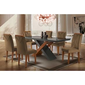 Conjunto: Mesa Sala Jantar Imperatriz Tampo Madeirado c/ Vidro Reto 180x90 e 6 Cadeiras Amsterdã Imbuia/Grafite - Suede Capuccino - Rufato