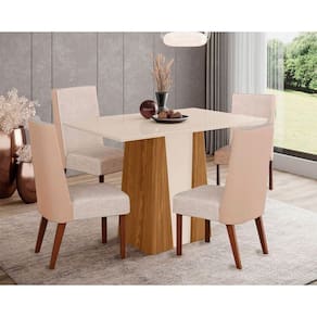 Conjunto: Mesa Sala Jantar Orus Tampo Madeirado c/ Vidro 120x80cm e 4 Cadeiras Anne Nature/Courano/Creme - Henn