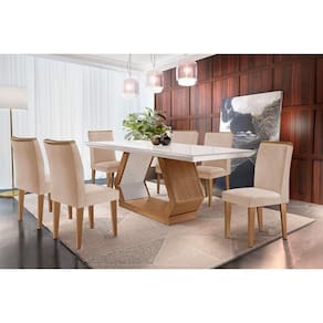 Conjunto: Mesa Sala Jantar Alvorada Tampo Madeirado c/ Vidro Canto Reto 180x90cm e 6 Cadeiras Amsterdã Imbuia/Off White - Suede Creme - Rufato