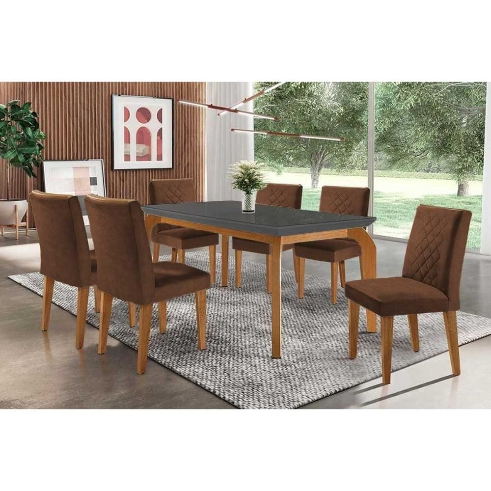 Conjunto: Mesa Sala Jantar Londrina c/ Tampo Madeirado c/ Vidro Canto Curvo 180x90cm e 6 cadeiras Jade Imbuia/Grafite - Suede Marrom - Rufato