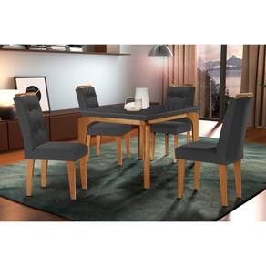 Conjunto: Mesa Sala Jantar Londrina c/ Tampo Madeirado c/ Vidro Canto Curvo 120x80cm e 4 cadeiras Imperatriz Imbuia/Grafite - Suede Grafite - Rufato