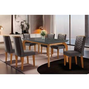 Conjunto: Mesa Sala Jantar Londrina Tampo Madeirado c/ Vidro Curvo 180x90 e 6 Cadeiras Londrina Capuccino/Suede Grafite - Rufato