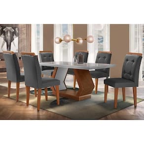 Conjunto: Mesa Sala Jantar Alvorada Tampo Madeirado c/ Vidro Canto Reto 180x90cm e 6 Cadeiras Imperatriz Imbuia/Off White - Linho Grafite - Rufato