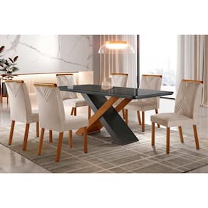 Conjunto: Mesa Sala Jantar Imperatriz Tampo Madeirado c/ Vidro Curvo 180x90 e 6 Cadeiras Amsterdã Imbuia/Suede Creme - Rufato
