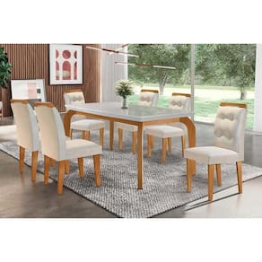 Conjunto: Mesa Sala Jantar Londrina c/ Tampo Madeirado c/ Vidro Canto Curvo 180x90cm e 6 cadeiras Imperatriz Imbuia/Off White - Suede Creme - Rufato