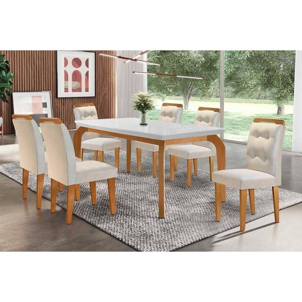 Conjunto: Mesa Sala Jantar Londrina c/ Tampo Madeirado Canto Reto 180x90cm e 6 cadeiras Imperatriz Imbuia-Capuccino/Suede Creme - Rufato