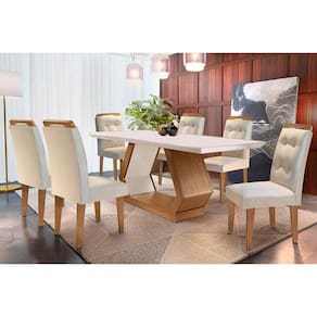 Conjunto: Mesa Sala Jantar Alvorada c/ Tampo Madeirado Canto Reto 180x90cm e 6 Cadeiras Imperatriz Capuccino/Suede Creme - Rufato
