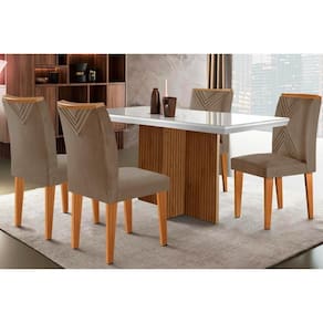 Conjunto: Mesa Sala Jantar Berlim c/ Tampo Madeirado c/ Vidro Canto Curvo 120x80cm e 4 Cadeiras Amsterdã Imbuia/Off White - Suede Capuccino - Rufato