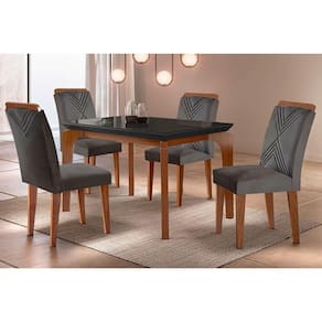 Conjunto: Mesa Sala Jantar Londrina c/ Tampo Madeirado c/ Vidro Canto Reto 120x80cm e 4 cadeiras Amsterdã Imbuia/Grafite - Suede Grafite - Rufato